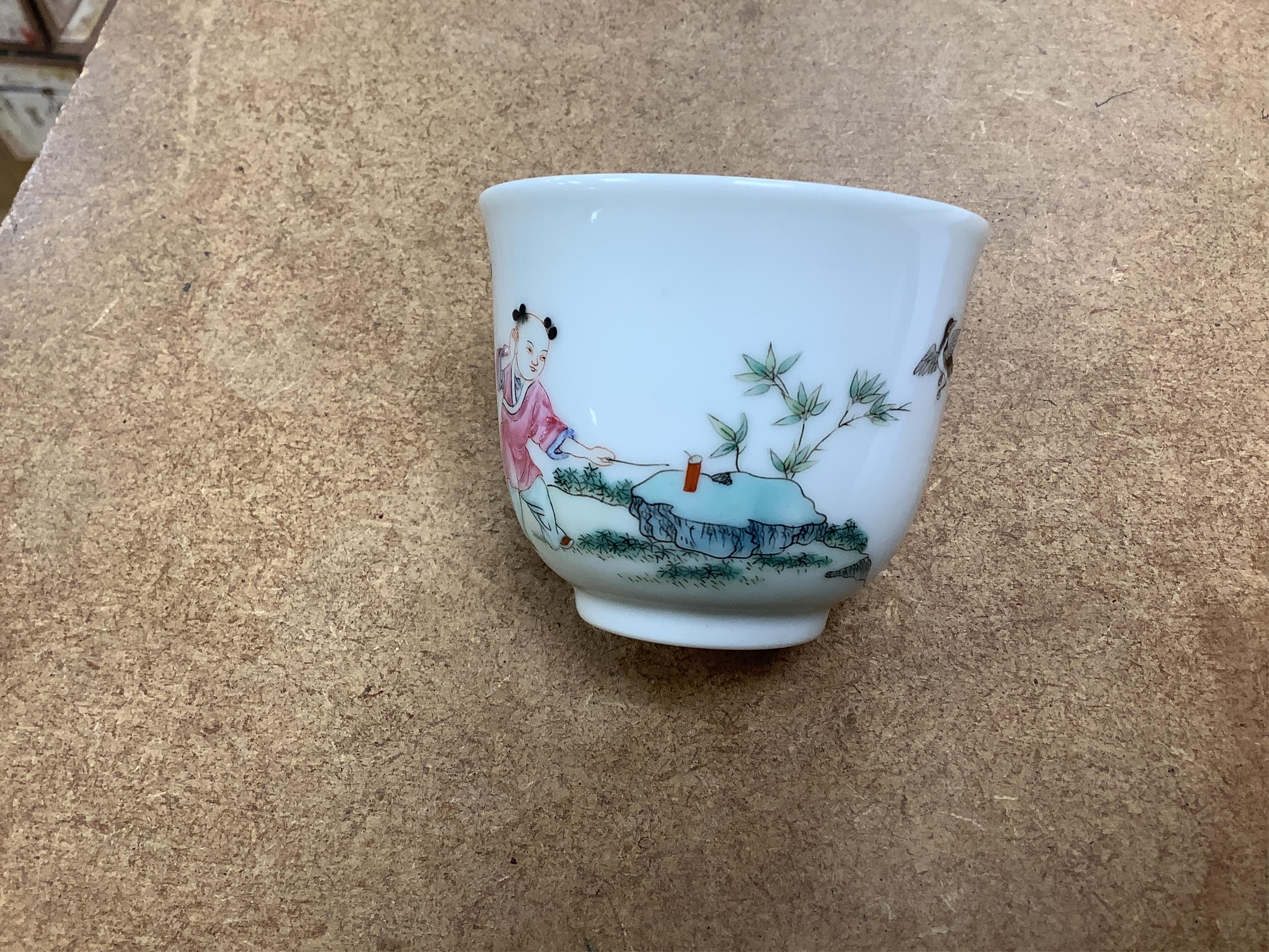 A Chinese famille rose 'boy' cup, Daoguang mark but later, 6cm